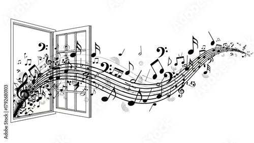 An open book with musical notes flowing out