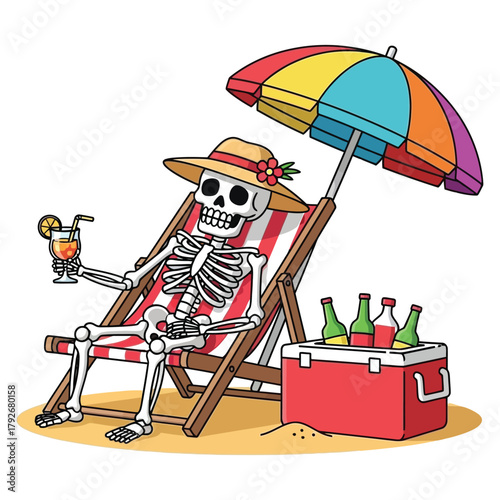 Skeleton chilling on beach chair with cocktail and cooler, enjoying a vibrant, sunny vacation escape under a colorful umbrella