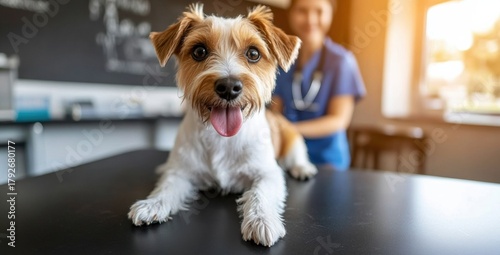 Small dog sitting black table veterinary clinic is cute being