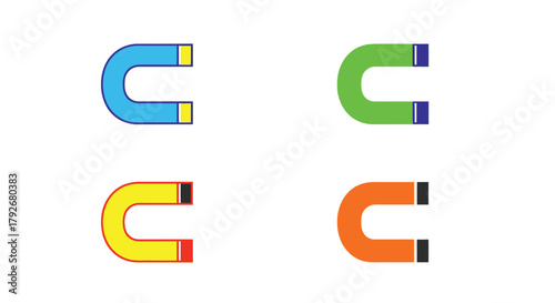 Four colorful horseshoe magnets displayed on a plain white background