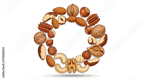 Assorted nuts arranged in a circular pattern on a white background