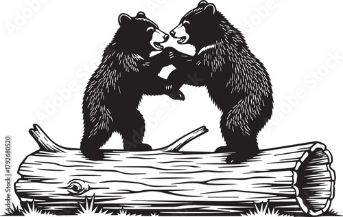 Playful Black Bear Cubs on Log Vector