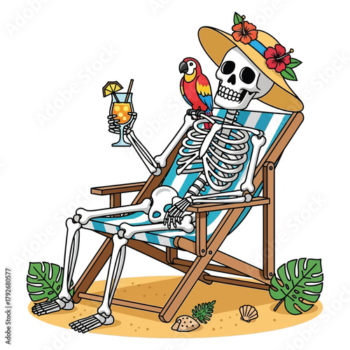 Skeleton enjoying tropical beach vacation with parrot and cocktail, embodying ultimate relaxation and fun