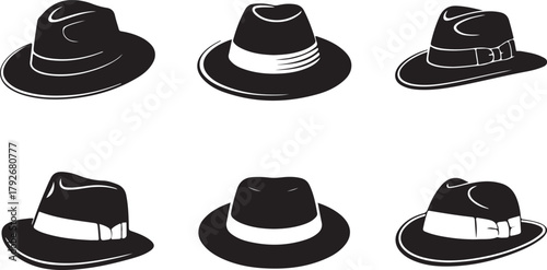 Fedora hat silhouette set featuring vintage and modern styles in vector design