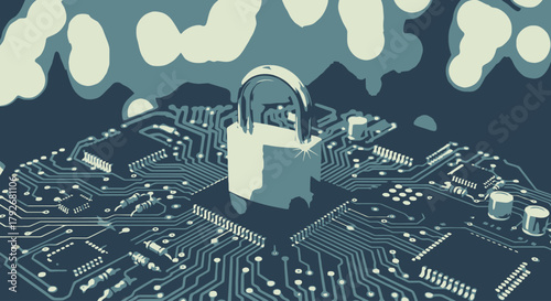 Cybersecurity Concept with Lock on Circuit Board