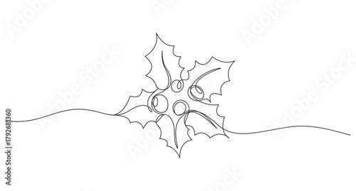 Elegant One Line Holly for Christmas,Continuous Line Drawing of Festive Holly Berries and Leaves,Continuous one line art drawing Christmas Holly Berry Icon,