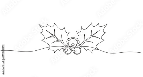 Elegant One Line Holly for Christmas,Continuous Line Drawing of Festive Holly Berries and Leaves,Continuous one line art drawing Christmas Holly Berry Icon,