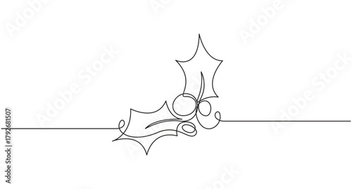 Elegant One Line Holly for Christmas,Continuous Line Drawing of Festive Holly Berries and Leaves,Continuous one line art drawing Christmas Holly Berry Icon,