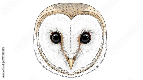 Barn owl face white feathers dark eyes pointed beak