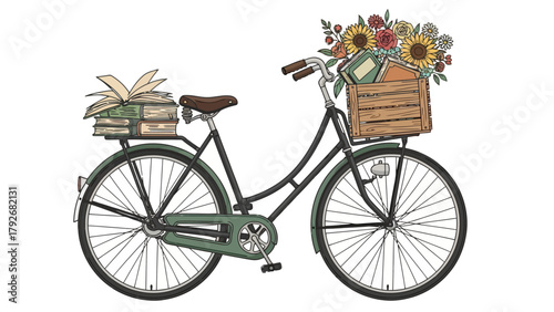 Bicycle with books and flowers in baskets