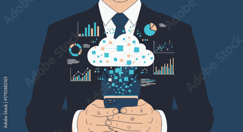 Businessman analyzing cloud data on smartphone
