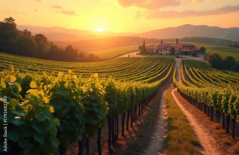 Fototapeta premium Vineyard landscape with rows of grapevines. Winery building sits on a hill with mountains in distance. Golden hour sun sets over rural countryside. Scenic agricultural vista.