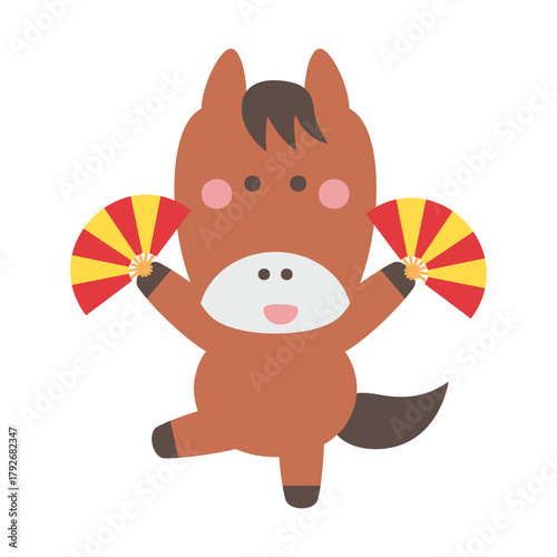 扇を持ったかわいい馬のキャラクターイラスト素材