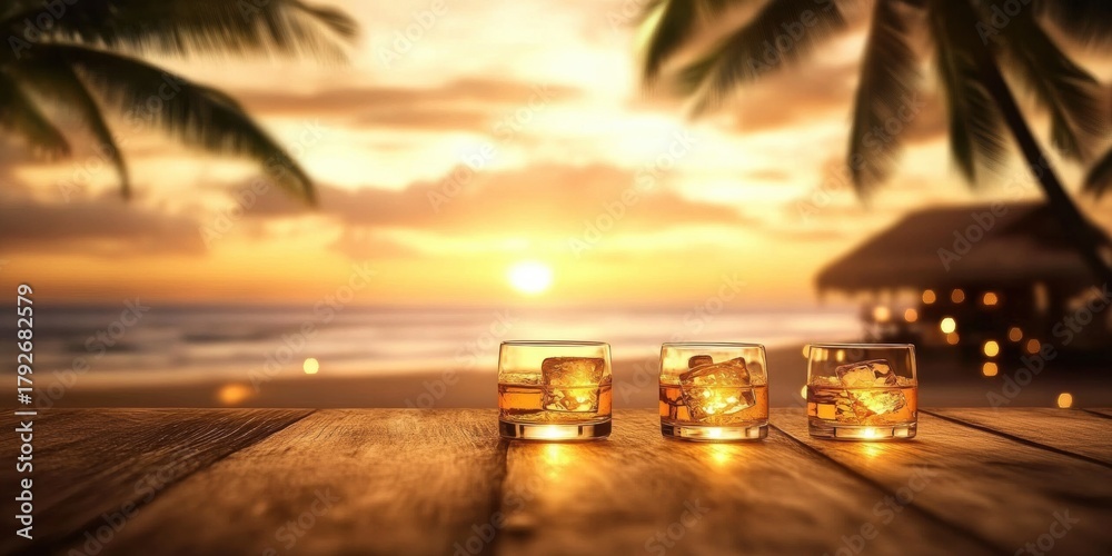 Fototapeta premium Wooden table three glasses whiskey it are arranged Tropical summer sunset beach