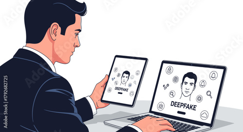 Man holding tablet with Deepfake image on laptop screen