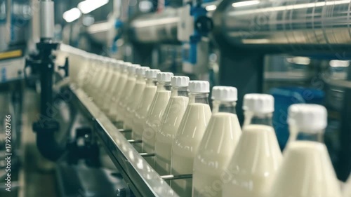 A line of milk bottles on a conveyor belt. The bottles are white and have a white cap