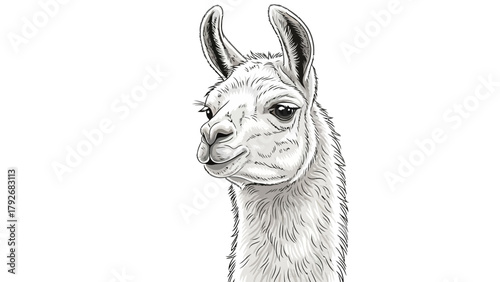 Black and white drawing of a llamas head and neck