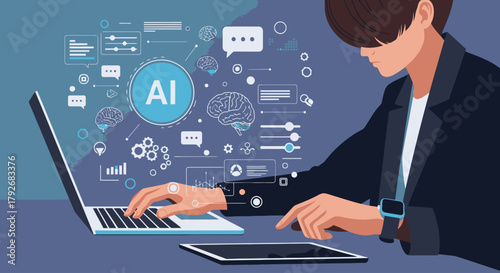 Man interacting with AI technology on laptop