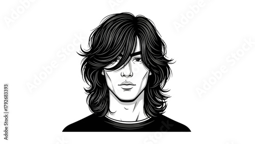 Black and white illustration of a person with long wavy hair