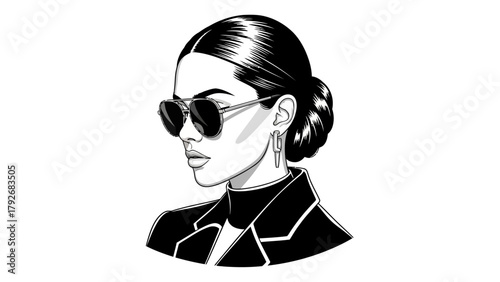 Black and white illustration of a woman wearing sunglasses and a jacket