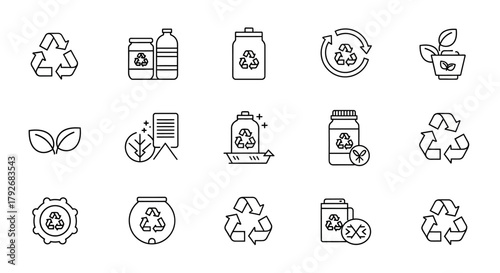 Eco-friendly recycling and waste management icon set. Outline symbols for sustainability, zero waste, and environmental protection