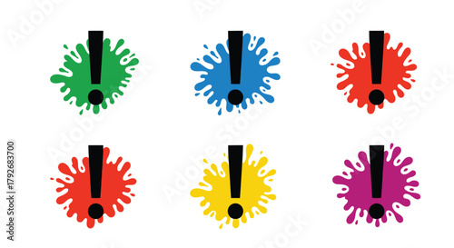 Colorful exclamation points with splash effects in a vibrant artistic arrangement