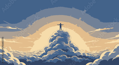 Crucifix standing on a cloud with cross in the sky