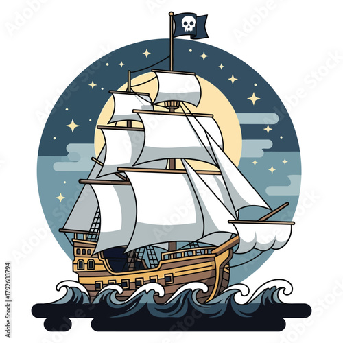 Majestic pirate ship sails the moonlit sea under a starry sky, a symbol of adventure and daring exploration