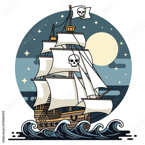 Majestic pirate ship sails under a starry night sky and full moon with skull flags billowing in the ocean waves