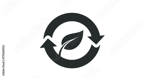 Vector graphic of a leaf inside a circular arrow symbol representing recycling, sustainability, and eco-friendly concepts