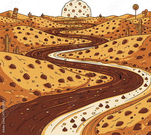 Whimsical Cookie Desert Landscape with Chocolate and Milk Roads