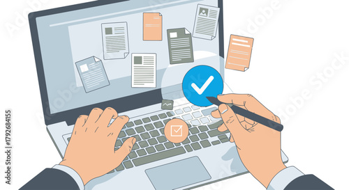 Person approving documents on laptop