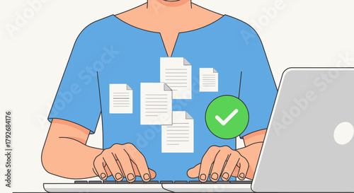 Person Working on Laptop with Documents and Checkmark