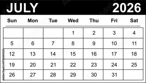 July 2026 monthly calendar vector, minimal editable design