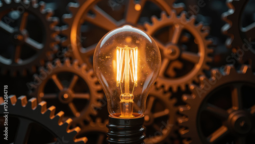 Illuminated light bulb surrounded by gears, showcasing blend of technology and creativity. warm glow adds cozy atmosphere