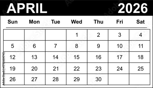 April 2026 calendar vector template, clean minimalist monthly planner