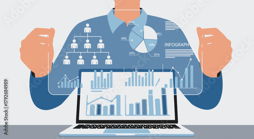 Businessman analyzing data on laptop with charts and graphs