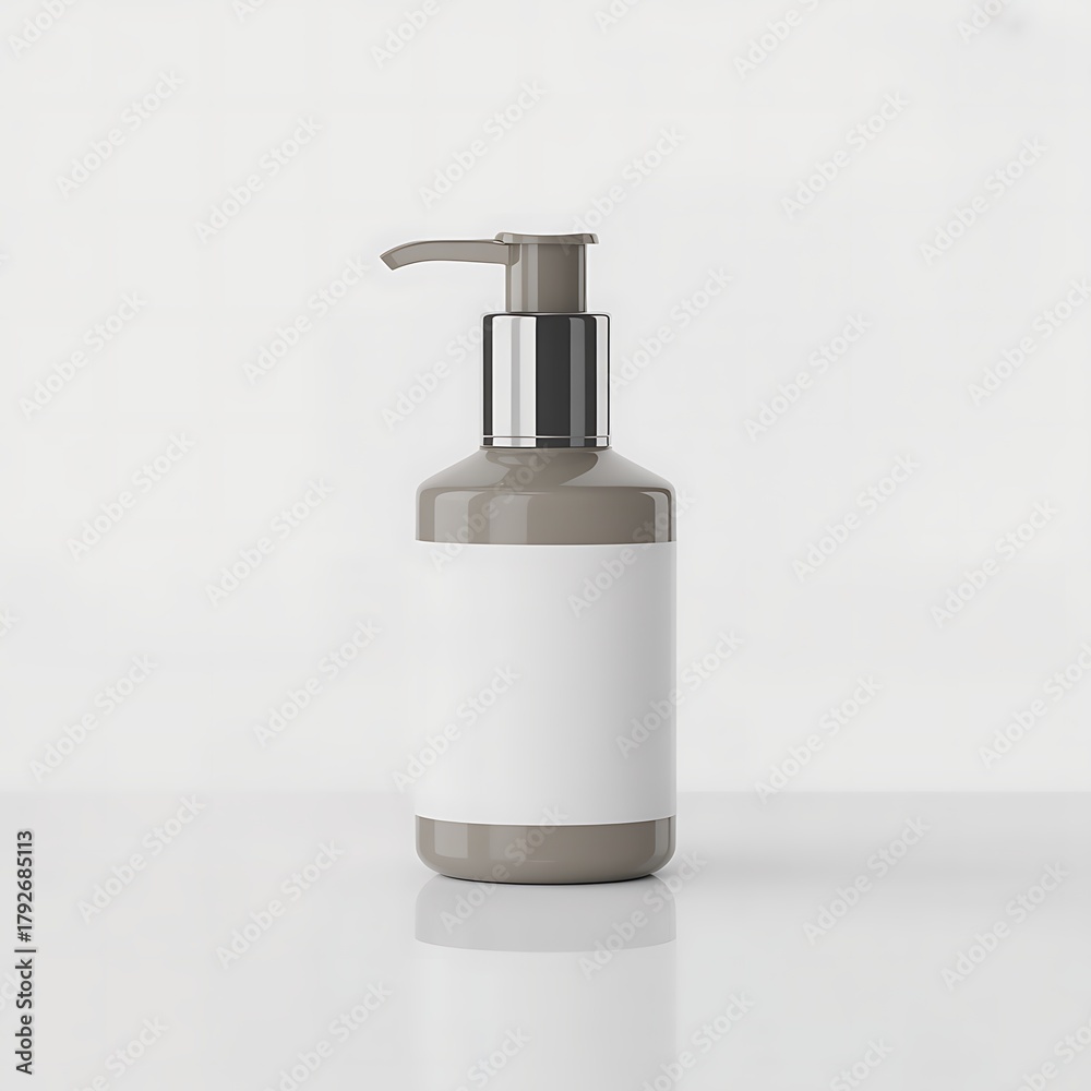 Obraz premium Gray plastic pump bottle with blank white label and silver accents on reflective surface dispenser liquid