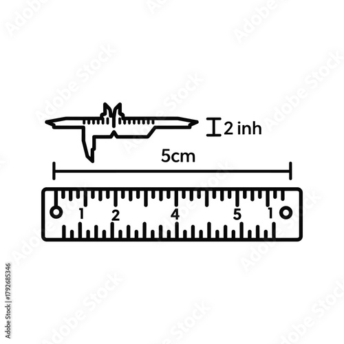 Caliper and ruler showing 5cm and 2 inch measurements