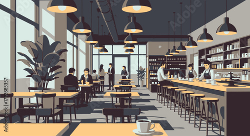 Modern Coffee Shop Interior with People