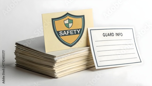 Safety Shield Symbol on Paper Stack with Guard Information Label