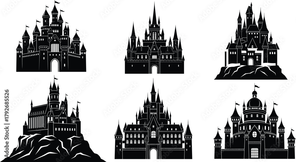 Obraz premium Castle silhouette vector set, black fantasy architecture icons, medieval towers, spire design, rocky base illustration, fairytale fortress shapes