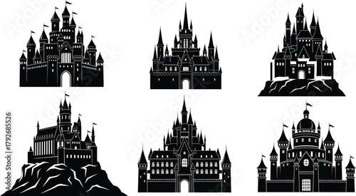 Castle silhouette vector set, black fantasy architecture icons, medieval towers, spire design, rocky base illustration, fairytale fortress shapes