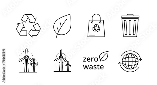A collection of minimalist line art icons representing ecology, sustainability, recycling, and renewable energy concepts