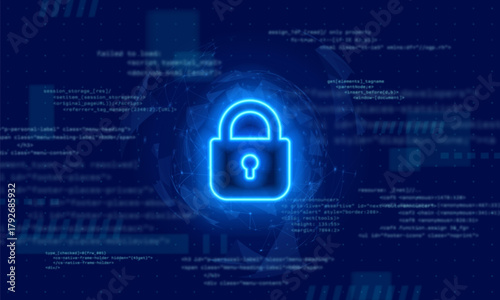 Cyber security shield with digital padlock icon. Data protection, secure access, digital encryption and online network security. Vector illustration.