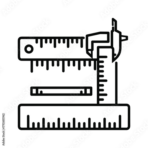 Illustration of a caliper measuring a ruler and a level