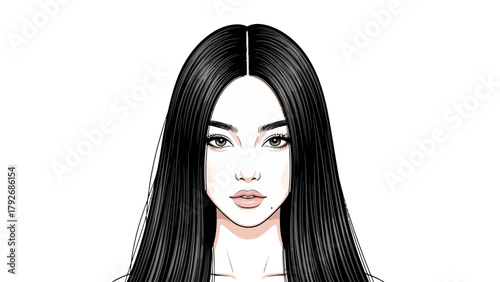 Blackhaired persons face with detailed features and split hair