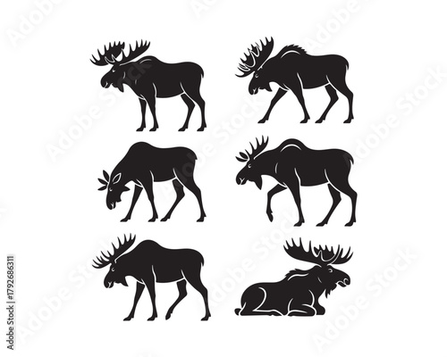 moose silhouette, moose vector, moose collection, moose set, moose head vector, standing moose, walking moose, majestic moose, antler silhouette, moose emblem, moose icon set
