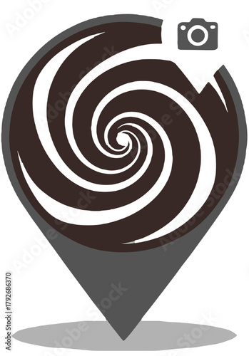 Location Map Pin Icon with Chocolate Swirl Spiral and Camera Symbol