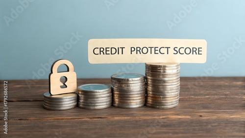 Coins stacked with wooden lock representing credit score security
